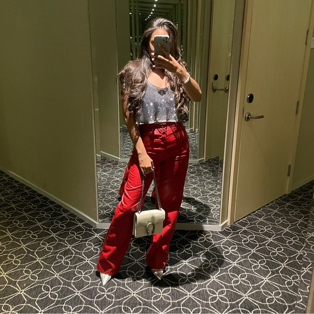 Wayf Red Wide Leg Leather Pants